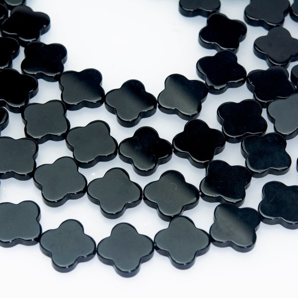 Perles de trèfle en onyx noir - Perles de yotsunoha en agate noire - Perles de pierres précieuses pour la fabrication de bijoux - Perles en pierre naturelle - Fournitures pour perles - 40 cm