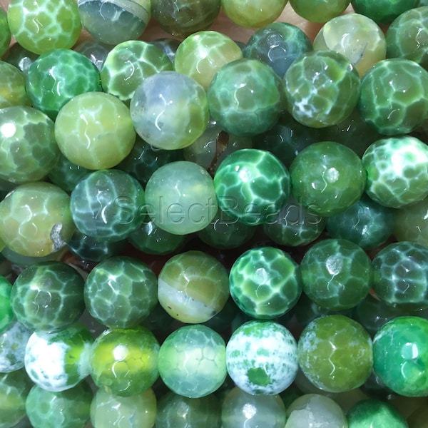 green fire agate beads - faceted green gemstone beads - cracked fire agate round beads - 6mm 8mm 10mm 12mm green  stone beads  -15inch