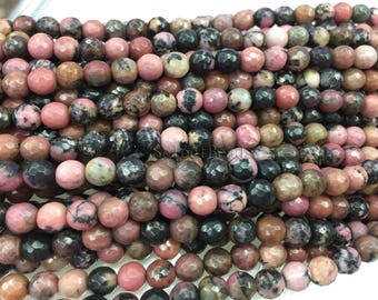 black line faceted  rhodonite beads - pink semi precious stones - faceted gemstone beads -  jewelry beads -pink beads -15inch