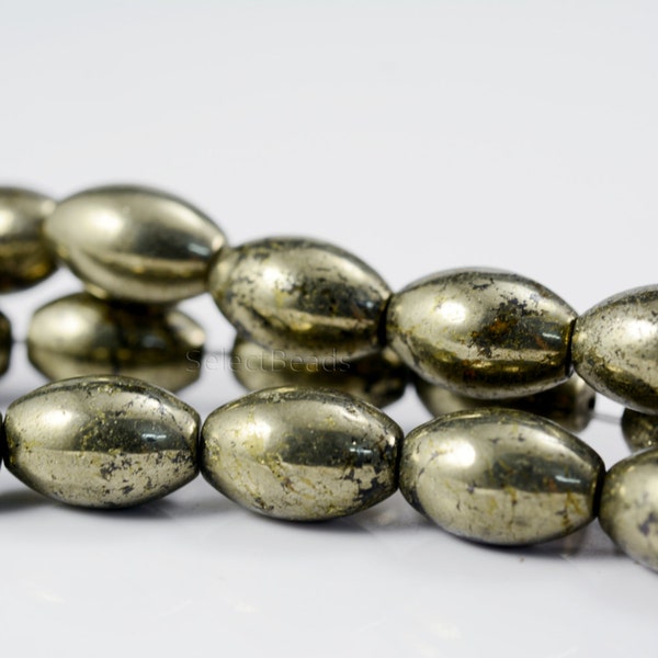 natural pyrite smooth rice beads - Fools Gold barrel gemstone - bronze gemstone jewelry beads - pyrite jewellery projects - 15 inch