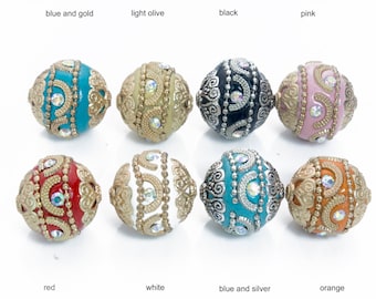 rhinestone pattern polymer clay large beads - handmade decorated clay round beads - chunky statement fimo jewelry beads - 18mm beads -5cps