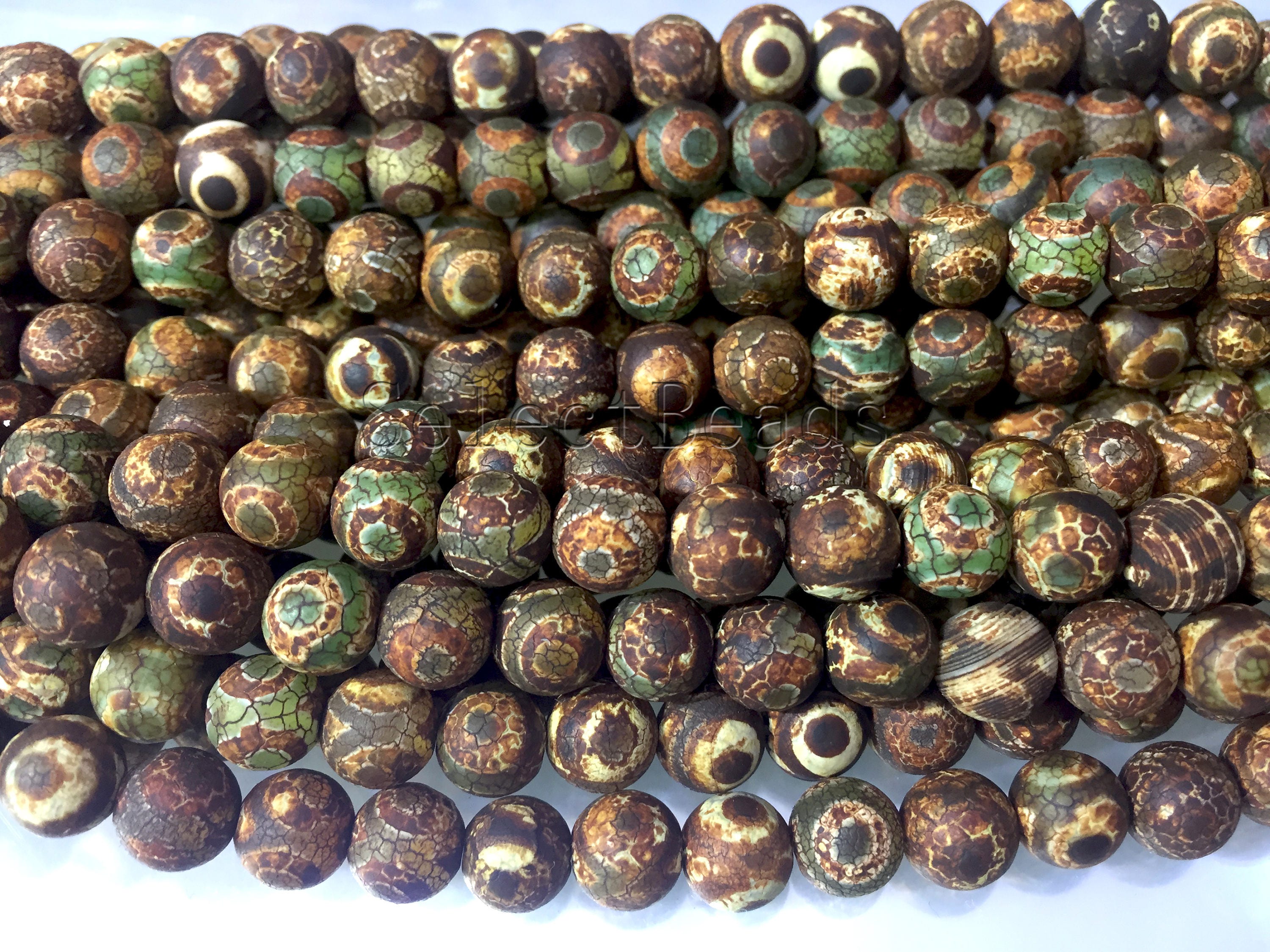 Perle Rotonde In Agata Tibetana Da 6 Mm E 8 Mm, Perle Dzi In Agata Marrone Con Occhio Inciso, Perline Antiche In Stile Boho, Filo Da 13,5". - Italia - Foto 5