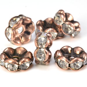 copper bead, antique copper rhinestone bead, clear rhinestone wave spacer bead, sparkle crystal bead, copper bead, 4-12mm bead - 100pcs