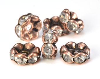 copper bead, antique copper rhinestone bead, clear rhinestone wave spacer bead, sparkle crystal bead, copper bead, 4-12mm bead - 100pcs