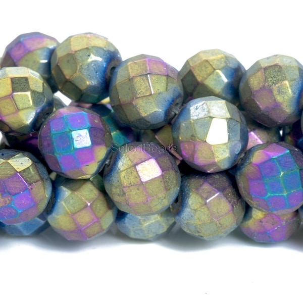 Titanium pyrite faceted round beads  - peacock purple plated genuine pyrite gemstone beads - colorful gemstone beads - 4-12mm beads -15inch