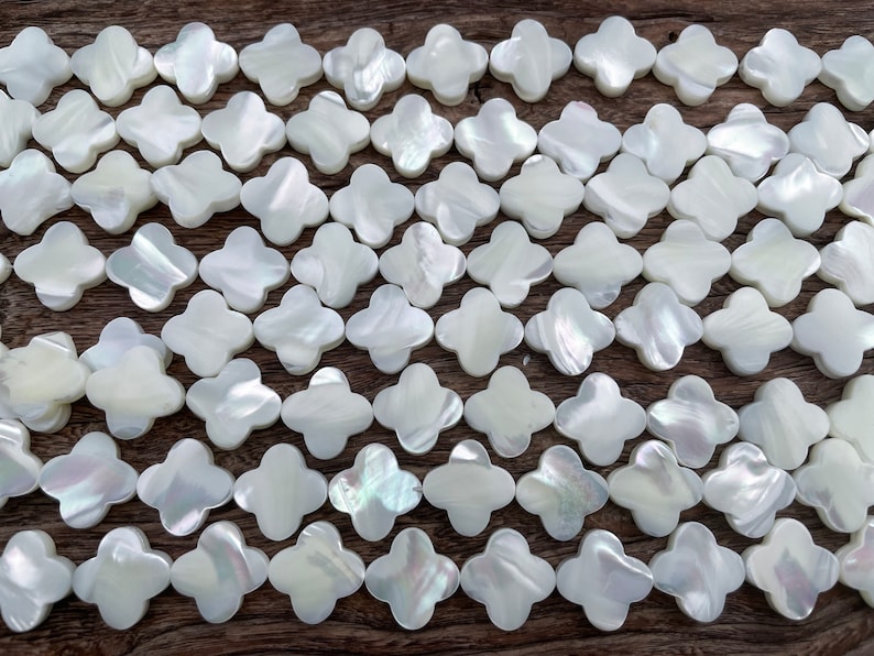 shell clover beads - white shell 4 leaf beads - lucky symbol shell beads - plant jewelry beads - mother of pearl beads supplies -15inch image 3