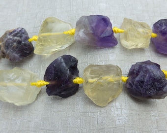 lemon quartz and amethyst gemstone raw stone - knotted gemstone necklace beads - purple necklace beads - yellow stone jewelry beads -15inch