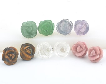 gemstone rose carved flower beads - hand carved stone floral beads - crystal quartz flower - pink rhodonite rose - 12mm carved rose beads