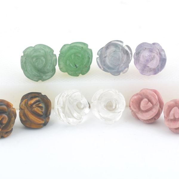 gemstone rose carved flower beads - hand carved stone floral beads - crystal quartz flower - pink rhodonite rose - 12mm carved rose beads