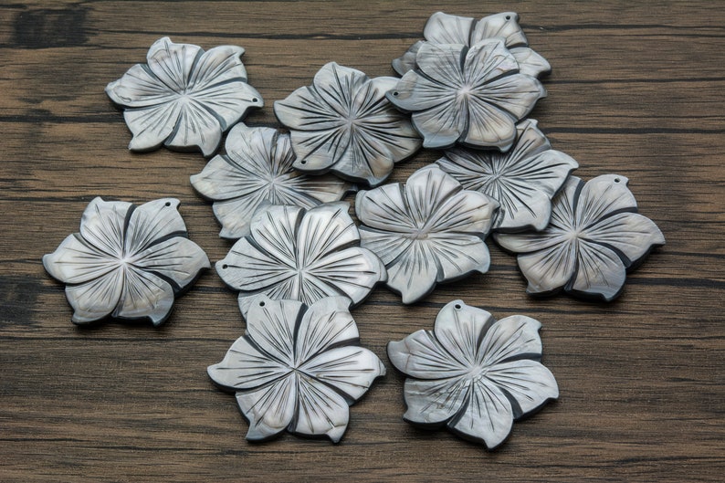 grey shell flower pendant - dyed river shell 50mm pendant - carved shell jewelry beads - pendant jewelry making supplies - jewelry shells image 2