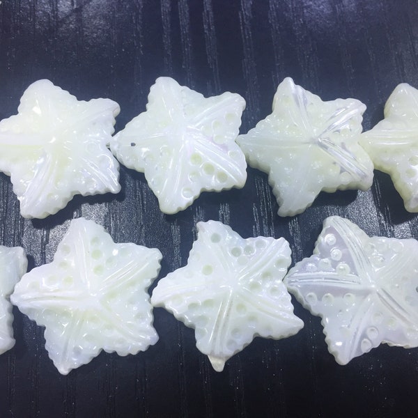 MOP stelleroid beads - mother of pearl starfish beads - carved asteroid beads - sea star engraved beads - 30mm pendant beads - 4pcs