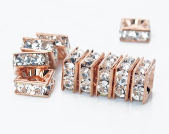 clear rhinestone crystal squardelle spacers - rose gold tone bling bridal  brass spacer beads - shiny crystal  spacers - 5-10mm beads -50pcs