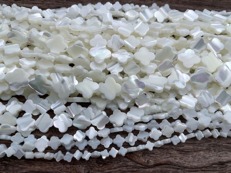 shell clover beads - white shell 4 leaf beads - lucky symbol shell beads - plant jewelry beads - mother of pearl beads supplies -15inch image 2