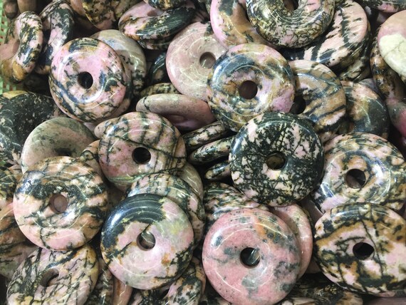 Gemstone Donut Pendants Black Line Pink Rhodonite Circle | Etsy