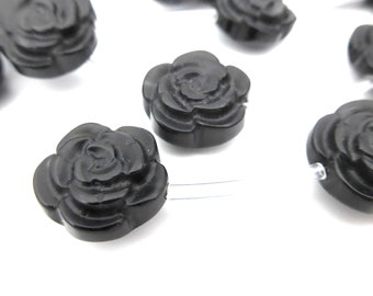 natural obsidian gemstone flower beads - carved rose floral beads - 16mm engraved blossom charms - black gemstone beads - jewelry supplies