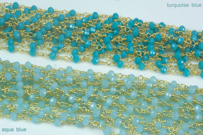 beaded jewelry chain - aqua beads gold plated chain - jewellery making chain - jewellery chain suppliers - chain for jewellery making -3.3ft image 2