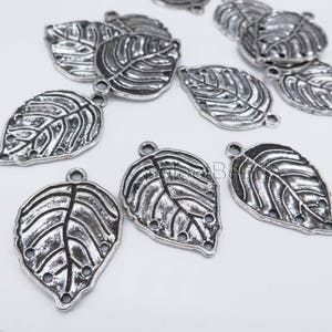 Tibetan silver leaf charms - antique silver plant bead charms - silver plated alloy charms - bead charms for jewelry making -20 pcs