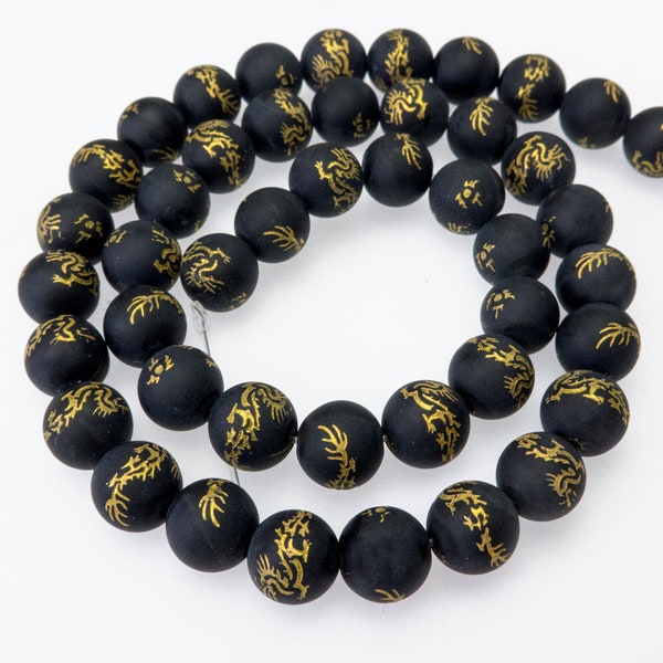 matte black onyx gemstone dragon textured beads - black and gold tone beads - lucky symbol beads - jewelry making materials - 15inch