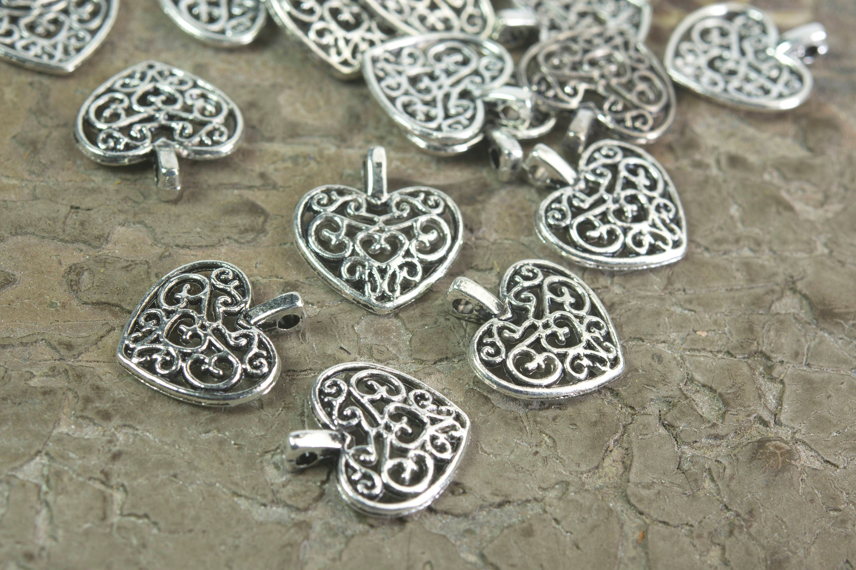 filigree heart charm filigree heart charms supplies silver heart beads heart charms for bracelets metal heart beads 20 pcs