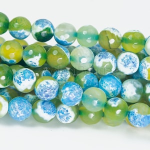 lime and blue faceted fire agate stone beads -  gemstone agate beads supplies - fire agate for jewelry beading - agate round beads -15 inch