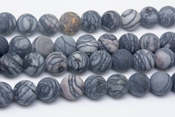 Matte Black Line Picasso Jasper Beads Black Gemstone Beads Black Web Stone  Beads Black Beads for Jewelry Making 15inch 