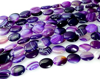 purple  banded agate beads -  puffy oval gemstone bead - striped agate jewelry beads - wholesale agate beads - oval stone beads -15 inch