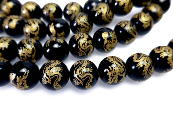 Gemstone with Etched Gold Dragon 12mm Round Bead (7 Options Available)