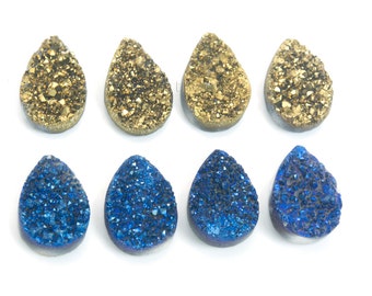 Titanium druzy crystal quartz cabochons for earrings - plated genuine crystal quartz cabochon for pendant - 14x10mm cabochon - 1 pair
