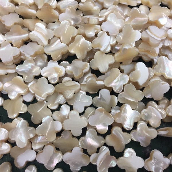 shell clover beads - khaki shell 4 leaf beads - lucky symbol shell beads - plant jewelry beads - mother of pearl  beads supplies -15inch