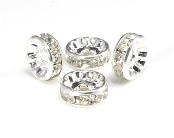 clear crystal rhinestone spacer beads - silver plated rhinestone jewelry components - rhinestone jewelry findings -  size 4-12mm - 100pcs