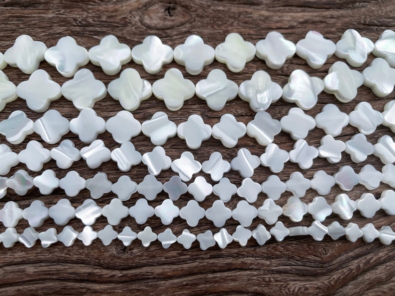 shell clover beads - white shell 4 leaf beads - lucky symbol shell beads - plant jewelry beads - mother of pearl beads supplies -15inch image 4