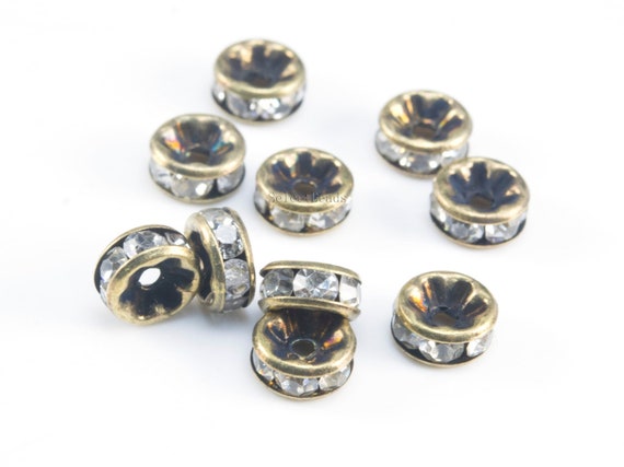 antique brass rhinestone rhondelle beads - vintage style rhinestone spacer bead - straight edge metal spacer beads - size 4-12mm - 100 pcs