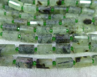 prehnite tube beads - faceted  gemstone beads - green and black cylinder beads - 10x14mm semi precious beads -  prehnite crystal-15inch