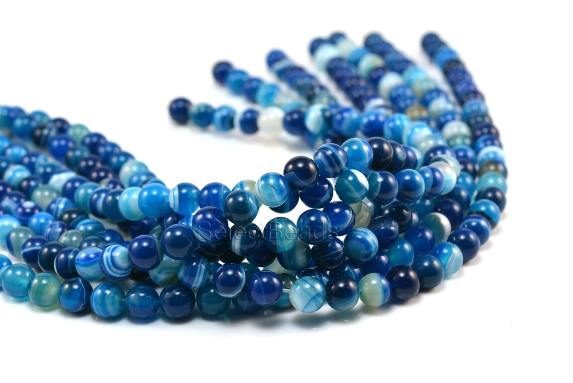 Blue stripe agate beads blue banded agate round beads blue Etsy