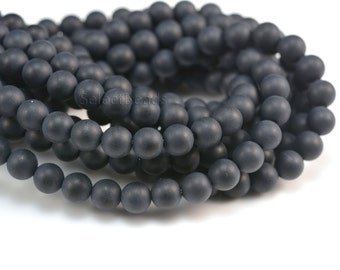 schwarze schwarze Onyx Perle - frosted runde Perle - schwarze Edelsteinperle - gefrosteter Onyx - Onyx Perlen Großhandel -- authentisch schwarz - 15 Zoll