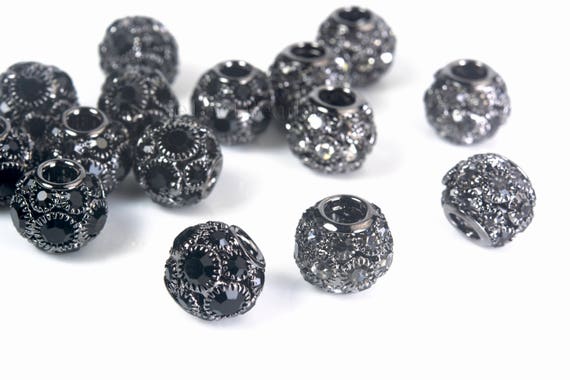 10 Perles Filigranes Noires Avec Strass 10mm - Pour Création Bijoux DIY - Neuf