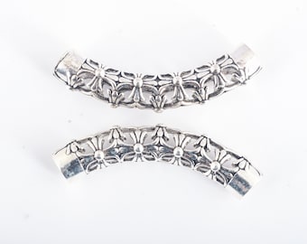 cross pattern sterling silver curved tube beads - filigree 925 silver tubes - European bracelet charmv- bali sterling silver for bracelets