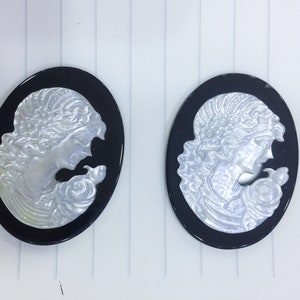 high luster white sea shell cameos - natural black and white cameo for jewelry - detailed lady figure black onyx and shell cameo cabochons
