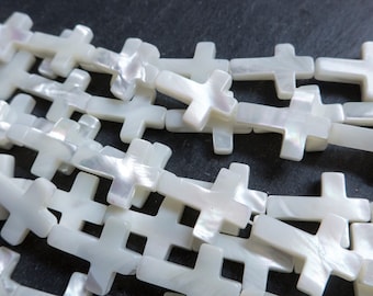 white cross beads - white shell Christian beads - rosary jewelry beads - mother of pearl crosses - Jesus prayer beads - religious beads