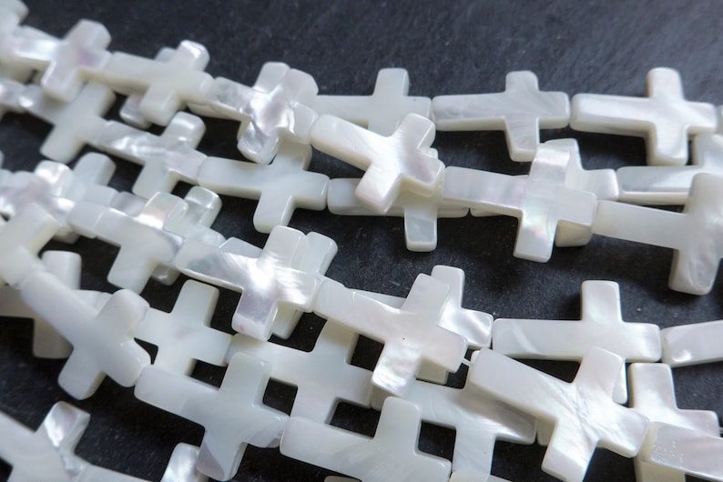 white cross beads white shell Christian beads rosary jewelry beads mother of pearl crosses Jesus prayer beads religious beads image 1