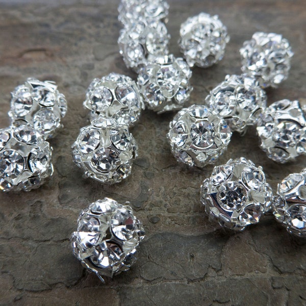 boules rondes en cristal clair - perles en laiton plaqué argent - boules bling bling en strass - perles de cristal 8 mm 10 mm - perles rondes serties à la main