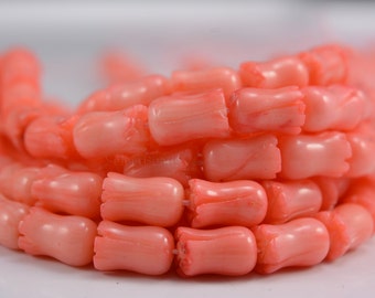 pink flower coral beads - tulip flower beads - coral tulip  beads - jewelry making beads - caved jewelry beads - 6x9mm plant beads - 15 inch