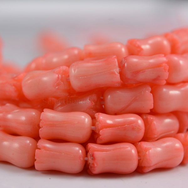 pink flower coral beads - tulip flower beads - coral tulip  beads - jewelry making beads - caved jewelry beads - 6x9mm plant beads - 15 inch