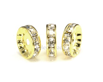 rhinestone spacer beads - gold plated copper spacer beads with clear rhinestones -rhinestone rondelle spacer beads -  6-12mm -100pcs