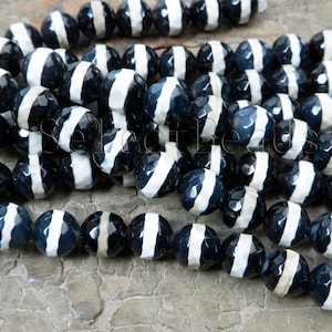 black and white Tibet Dzi agate beads - black Dzi agate gemstone beads - faceted Dzi beads - Dzi jewelry beads - 8mm 10mm Dzi beads -15inch