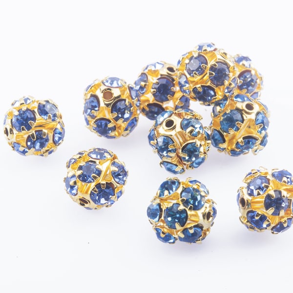 sky blue rhinestone ball beads - gold plated filigree brass beads - crystal jewelry making components -craft beads - ball beads