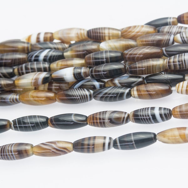 banded agate elongate rice beads - white vein agate beads - striped agate bicone beads - 10x30mm rice beads - 15 inch