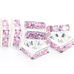 perline distanziatrici in ottone con cristallo rosa - distanziatori quadrati in strass color argento - componenti per braccialetti in ottone - distanziatori quadrati da 5-10 mm - 50 pezzi