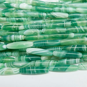 agate bicone beads - green banded agate rice beads - green agate gemstone with white stripe - elongate rice beads - 15 inch strand