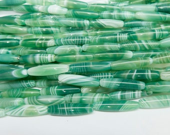 perline bicono di agata - perline di riso di agata a strisce verdi - pietra preziosa di agata verde con striscia bianca - perline di riso allungate - filo da 15 pollici